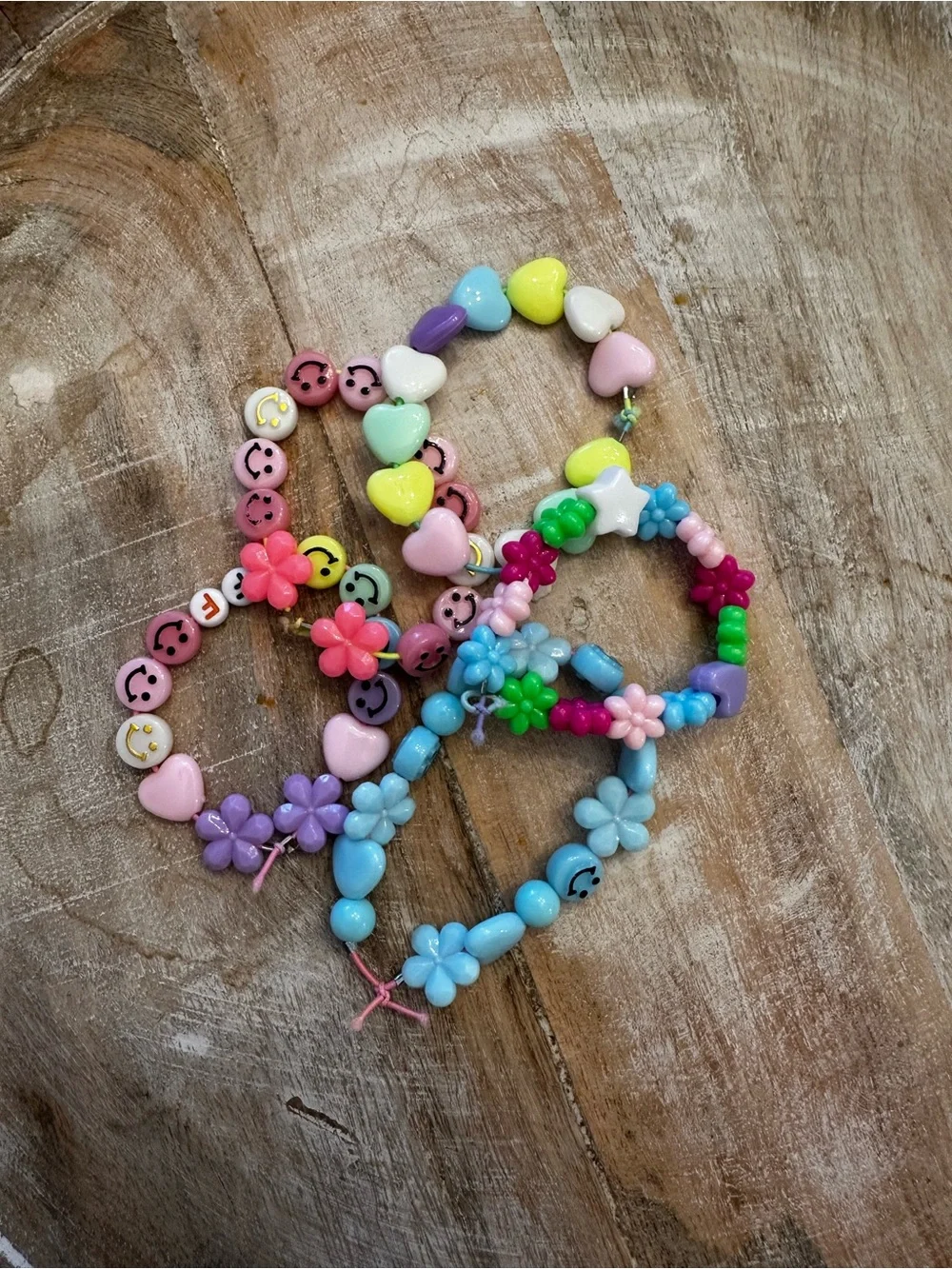 Kids Multicolor Beaded Stretch Bracelets - Pastel Smiley & Heart Set